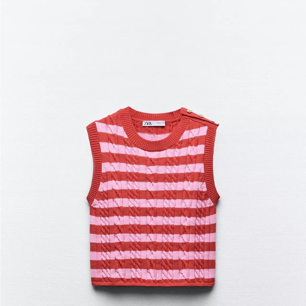 Zara Pink and Coral Striped Cable-Knit Sleeveless Sweater Vest